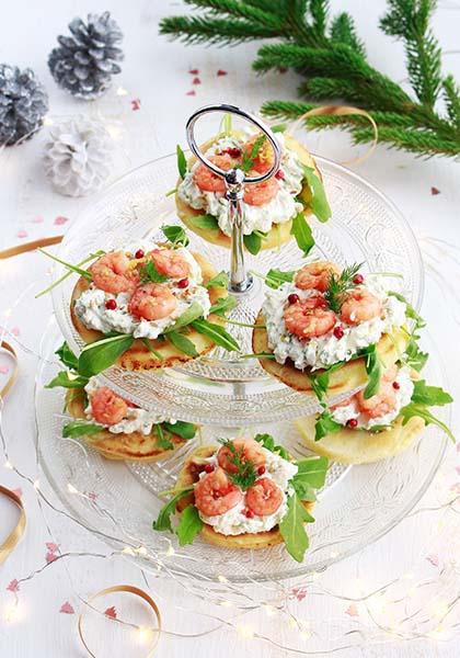 Blinis aux crevettes, mousse au citron