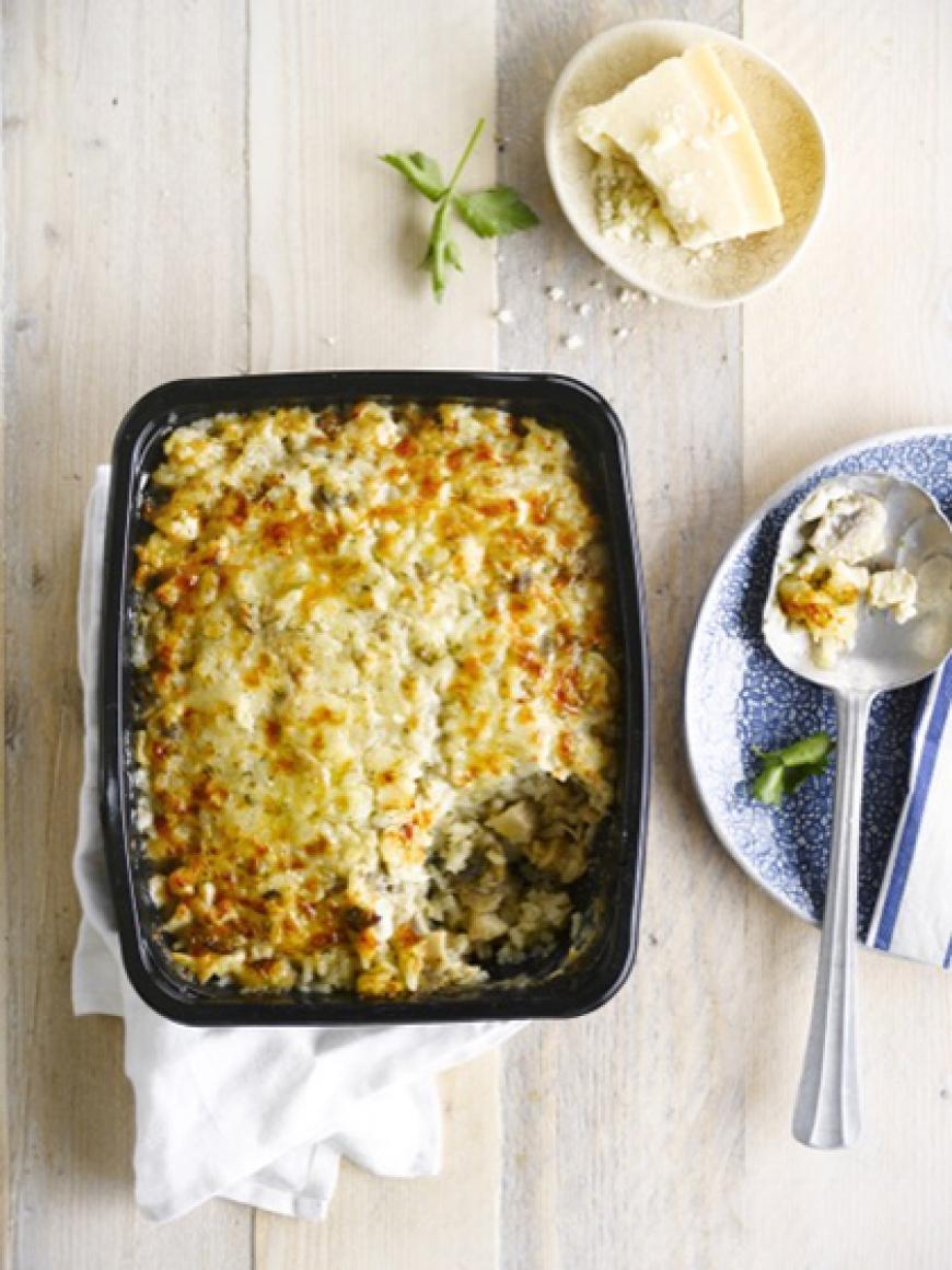 Gratin de risotto au poulet, champignons et parmesan