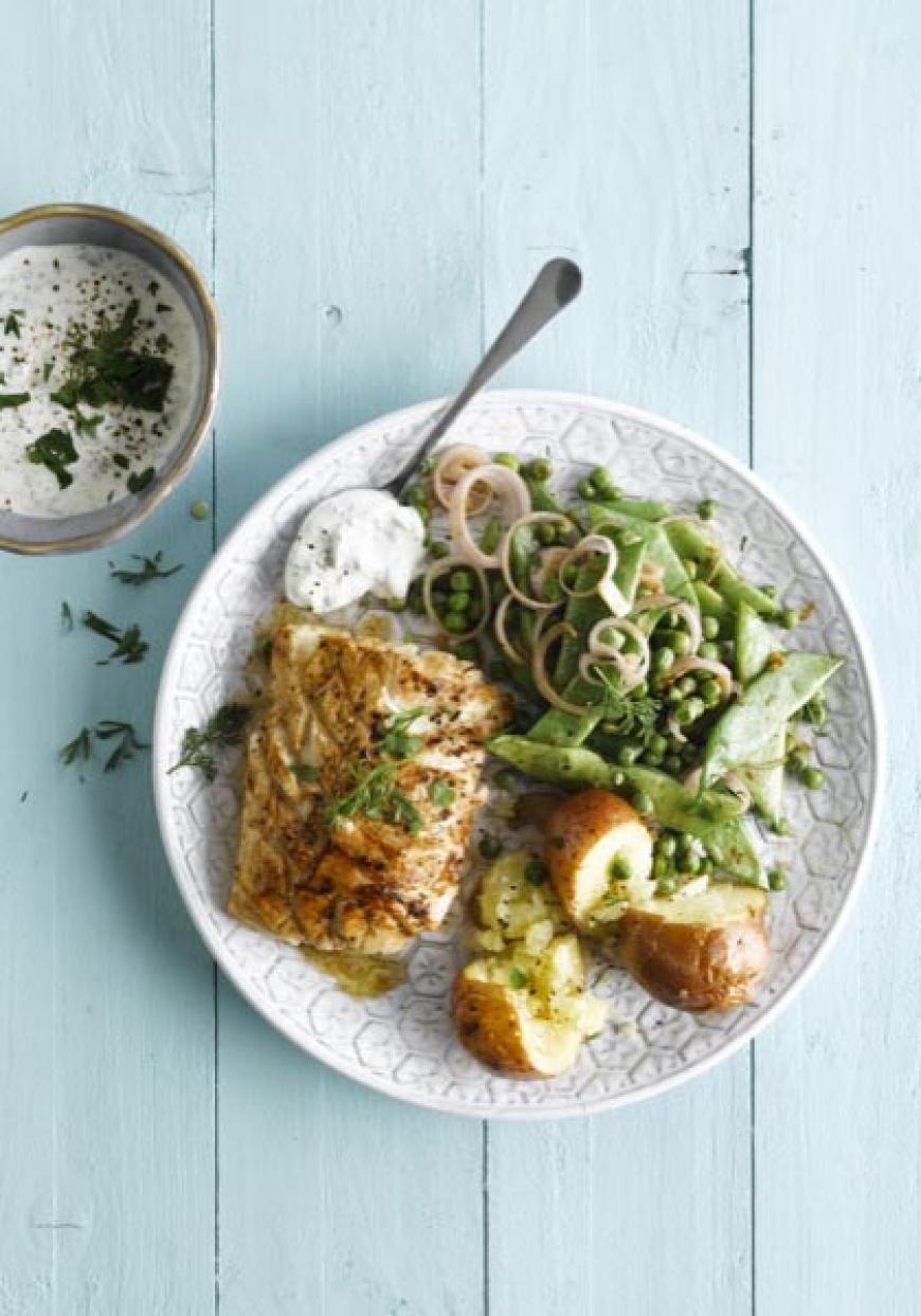 Poisson et légumes vapeur, sauce yaourt