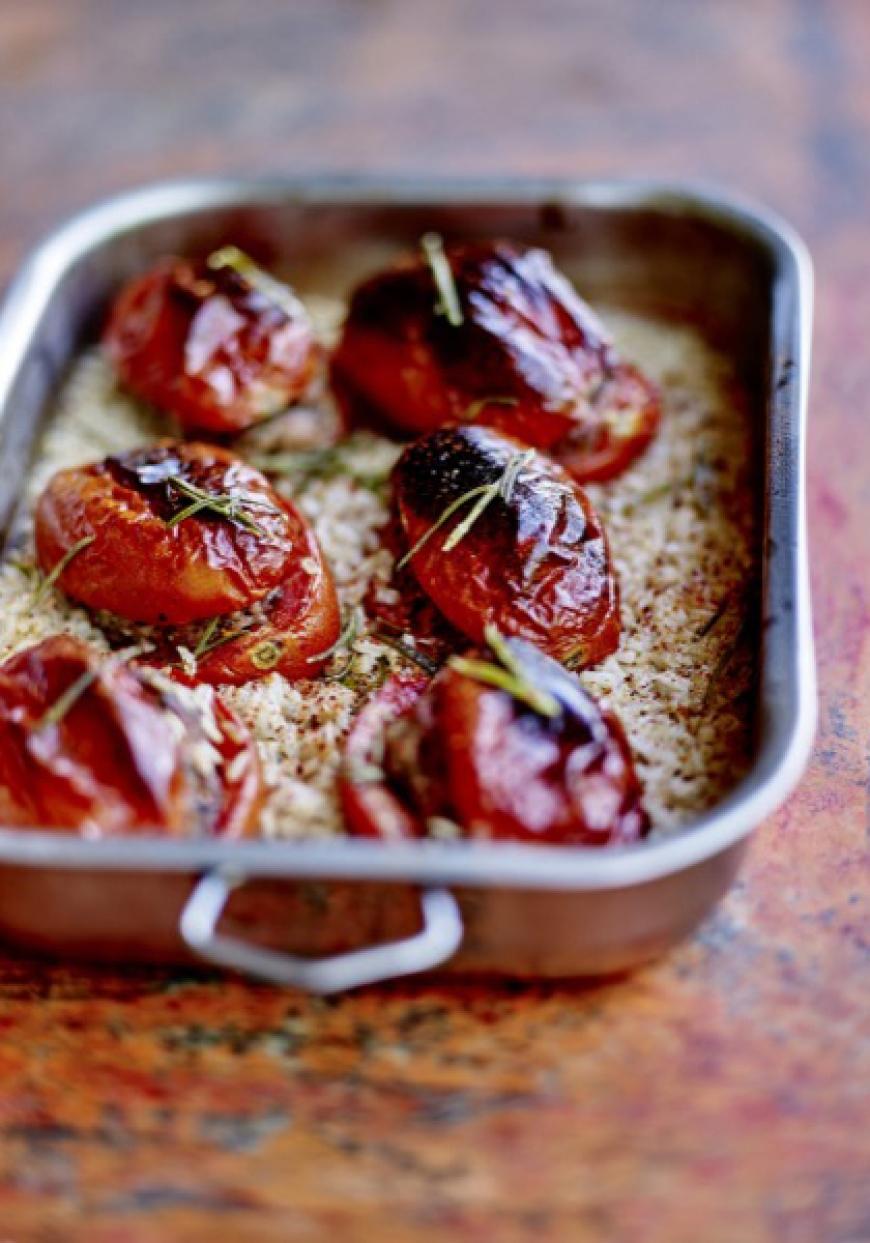 Tomates farcies au veau et aux herbes, riz semi complet