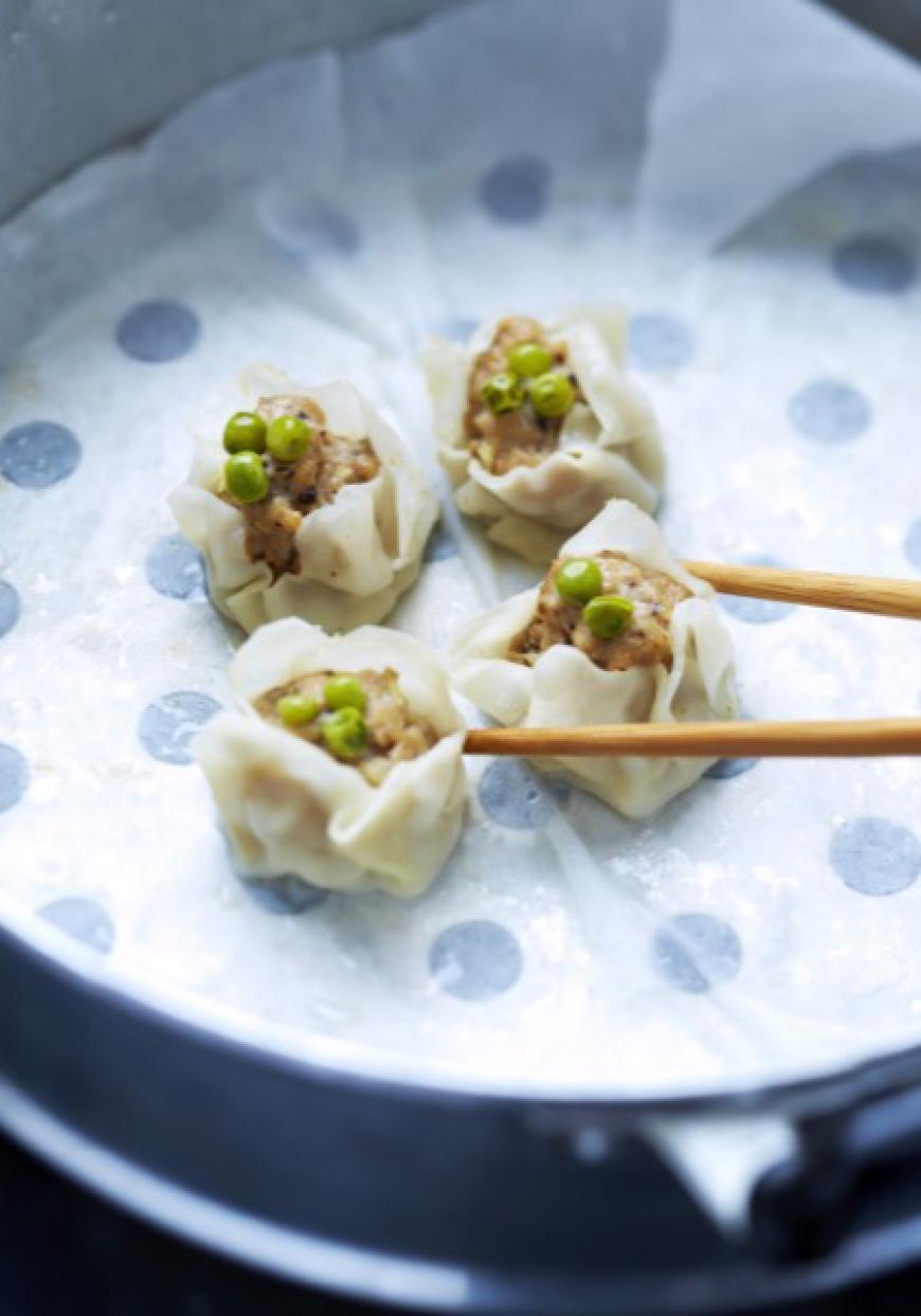 Siu maï : Bouchées vapeur poulet, crevettes, champignons et petits pois