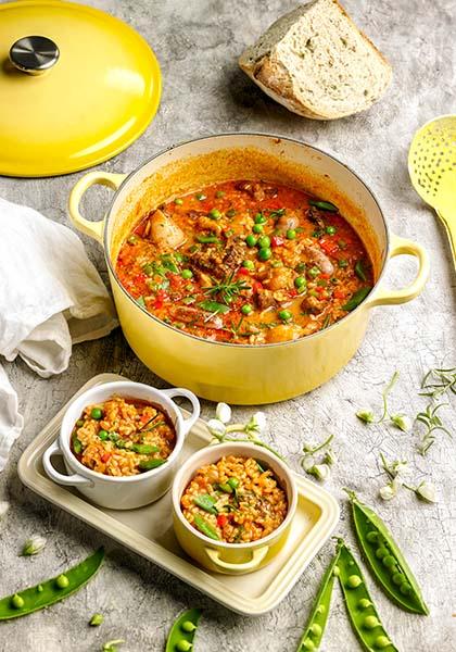 Cocotte de riz aux petits pois et à la viande