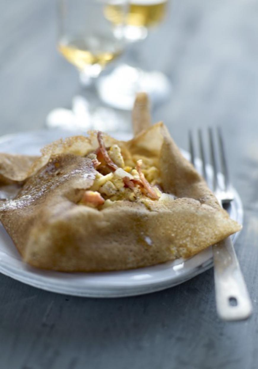 Galettes aux œufs brouillés et au jambon