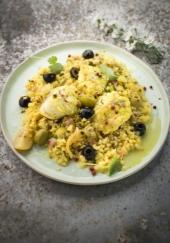 Tajine de lotte au citron, aux deux olives et boulghour