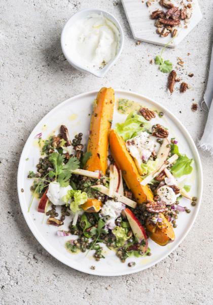 Salade de lentilles vertes du Puy, courge rôtie, sauce au chèvre de Touraine