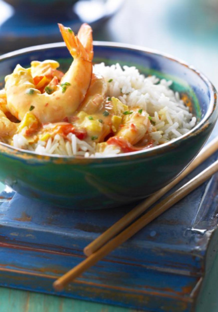 Crevettes au lait de coco et au curry, riz basmati