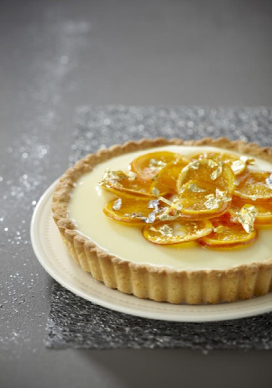 Tarte au chocolat blanc et mandarines confites