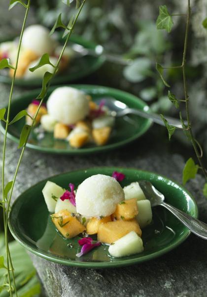 Sorbet au melon et au thym, salade de fruits