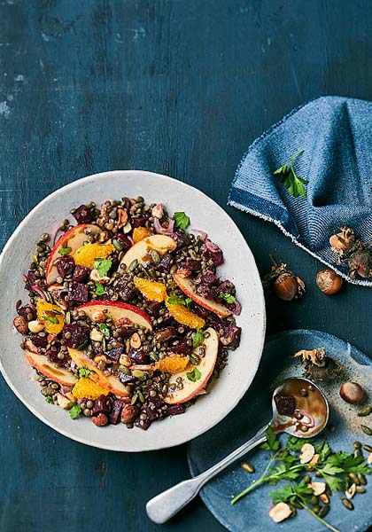 Salade de lentilles, orange et fruits secs