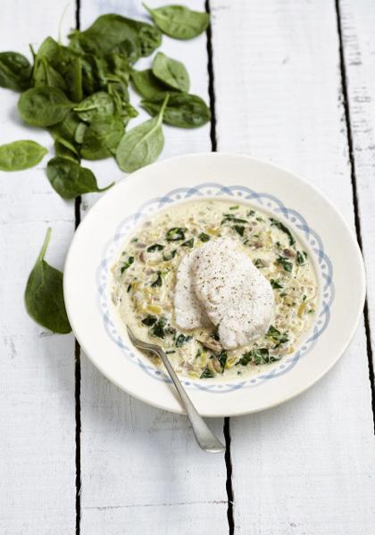 Merlu vapeur, sauce bretonne aux épinards