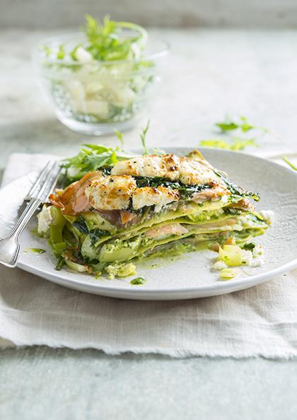 Lasagne au saumon, aux épiards et au chèvre frais