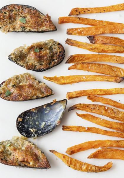 Moules farcies et frites de patate douce