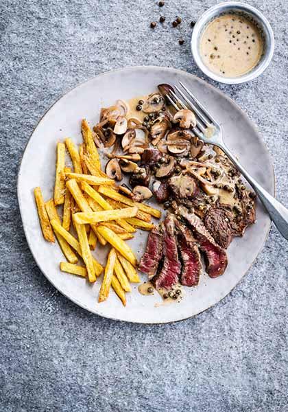 Steak aux champignons et au poivre