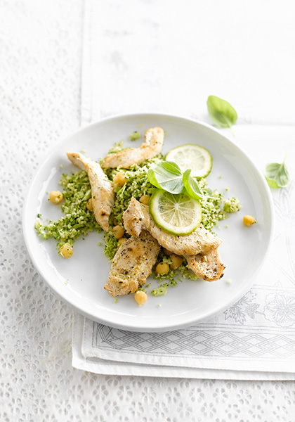 Poulet au citron vert, brocoli et pois chiches