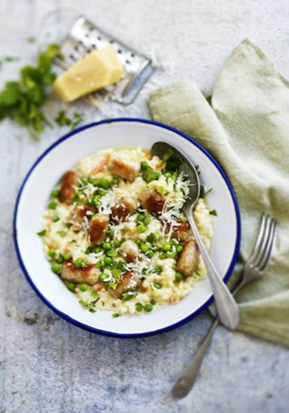 Risotto à la saucisse et aux petits pois