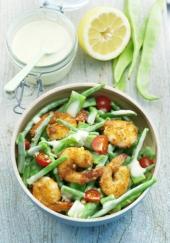 Salade de crevettes, haricots verts et cocos plats, sauce crème et citron