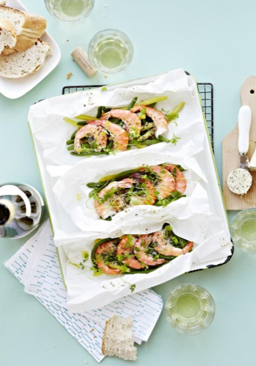 Papillotes de crevettes aux deux haricots